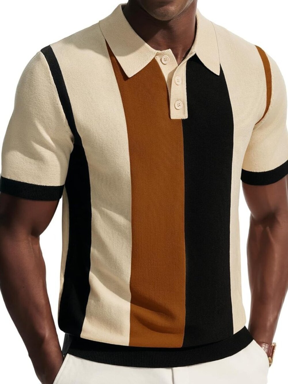 Mens Apricot Vintage Striped Knit Polo Shirt Casual Golf Beach Summer